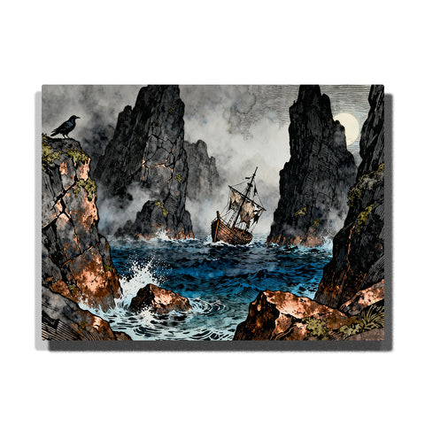 Sailing ship between black sea cliffs, featuring rough blue waves, jagged rocks, smoky mist, moonlit sky, foaming water, and a dark bird on the cliff.