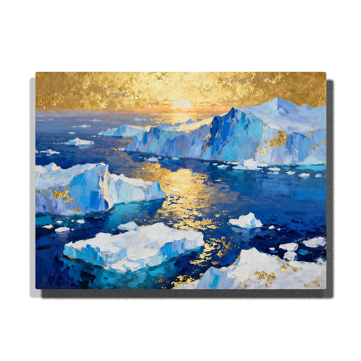 Golden sunset iceberg bay with blue glacier mountains, floating ice floes, deep ocean water, and shimmering gold reflections.