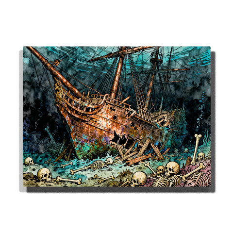 Haunted wooden shipwreck on a dark turquoise shore, featuring broken masts, stormy water, scattered skulls, bones, and gothic coastal scenery.