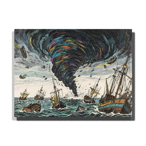 Tornado storm over a rough sea with sailing ships, broken boats, flying debris, dark clouds, white waves, and vintage coastal linework.