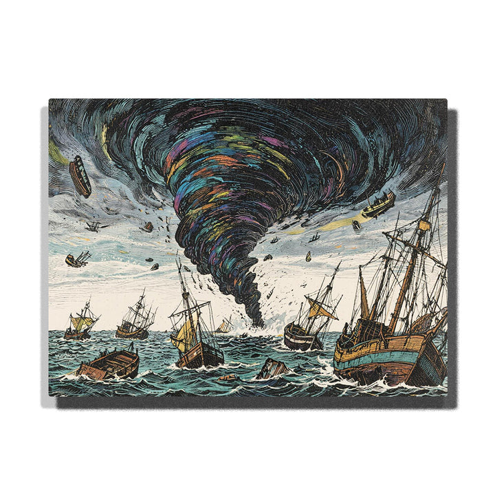 Tornado storm over a rough sea with sailing ships, broken boats, flying debris, dark clouds, white waves, and vintage coastal linework.