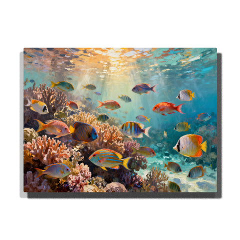 Sunlit coral reef seafloor with colorful tropical fish, branching coral, sandy ocean floor, turquoise water, and golden surface light.