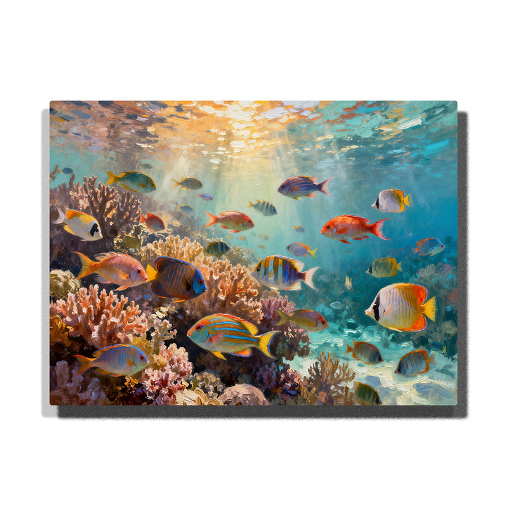 Sunlit coral reef seafloor with colorful tropical fish, branching coral, sandy ocean floor, turquoise water, and golden surface light.