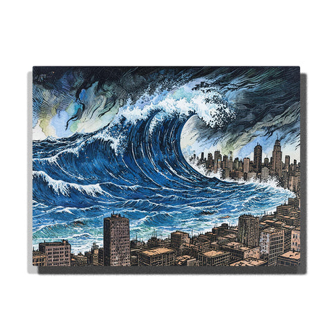 Giant tsunami wave rising over a city skyline, featuring deep blue water, white foam, storm clouds, detailed buildings, and dramatic coastal scenery.