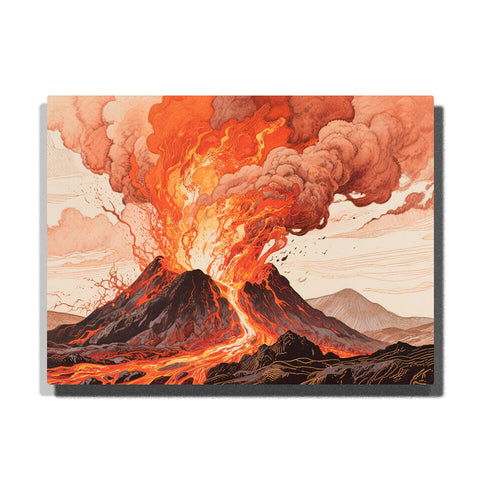 Volcanic eruption with glowing lava flow, black mountain slopes, orange smoke clouds, distant hills, fiery sky, and dramatic rocky landscape.