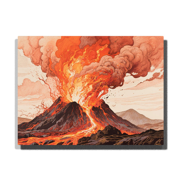 Volcanic eruption with glowing lava flow, black mountain slopes, orange smoke clouds, distant hills, fiery sky, and dramatic rocky landscape.