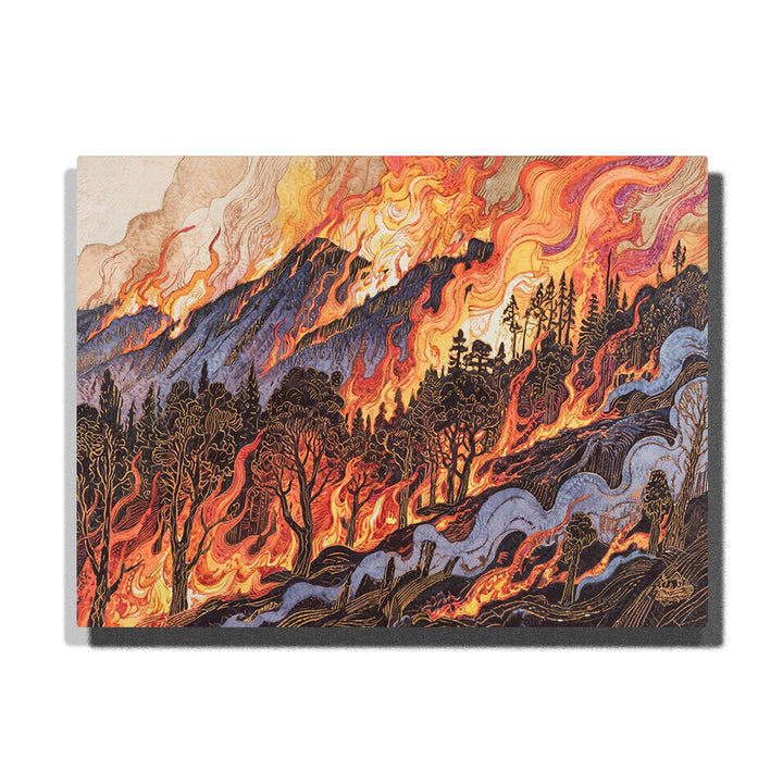 Forest wildfire across mountain slopes, featuring orange flames, dark tree silhouettes, smoky blue ridges, swirling fire sky, and dramatic landscape linework.