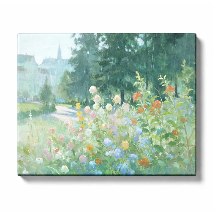Rainy Wildflower Garden Path with Distant Village Paint by Numbers Kit For Adults