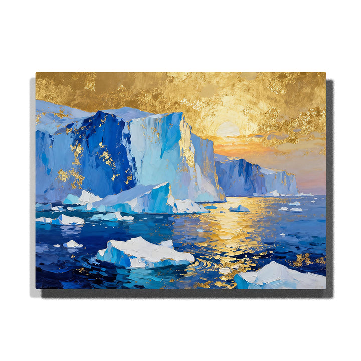 Golden glacier coastline with tall blue ice cliffs, floating icebergs, sunset sky, ocean reflections, and dramatic polar landscape.