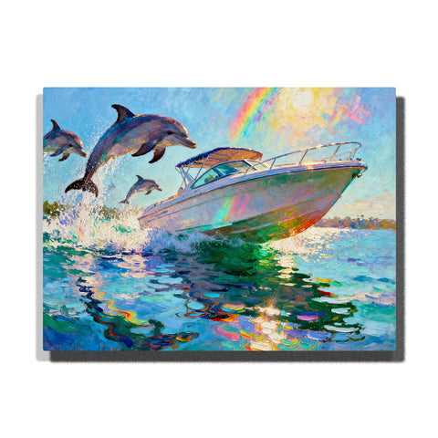 Rainbow ocean seascape with a white motorboat, jumping dolphins, sparkling waves, colorful water reflections, and sunny blue sky.