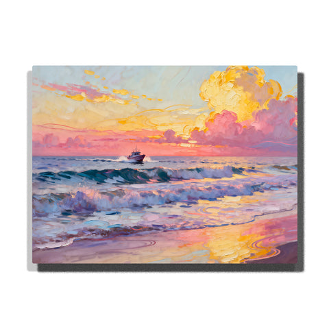 Pink sunset beach landscape with rolling ocean waves, golden clouds, wet sand reflections, and a small fishing boat on the horizon.