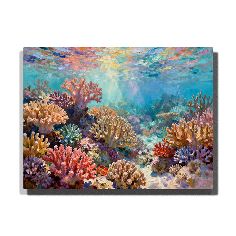 Sunlit coral garden seafloor with colorful branching coral, turquoise water, sandy reef path, ocean light beams, and underwater reflections.