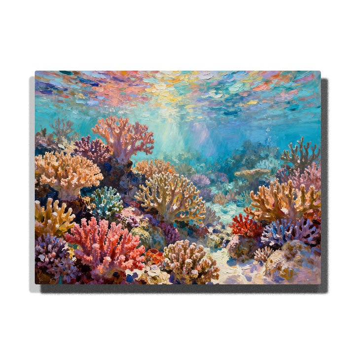 Sunlit coral garden seafloor with colorful branching coral, turquoise water, sandy reef path, ocean light beams, and underwater reflections.