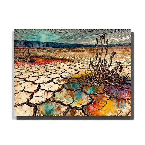 Cracked desert ground with dry brush, distant blue mountains, warm rust shadows, turquoise mineral colors, and textured sky lines.