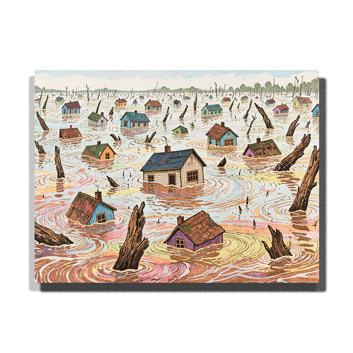 Flooded village with submerged houses, swirling water currents, broken tree trunks, distant rooftops, muted sky, and storybook landscape details.