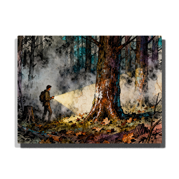Lone explorer with flashlight in a foggy forest, featuring a massive tree trunk, smoky mist, autumn leaves, dark woodland background, and teal shadows.