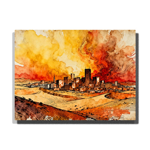 Desert city skyline under an orange smoky sky, featuring dark buildings, sandy hills, glowing windows, warm clouds, and sweeping line textures.