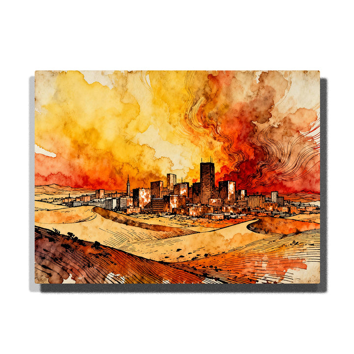 Desert city skyline under an orange smoky sky, featuring dark buildings, sandy hills, glowing windows, warm clouds, and sweeping line textures.