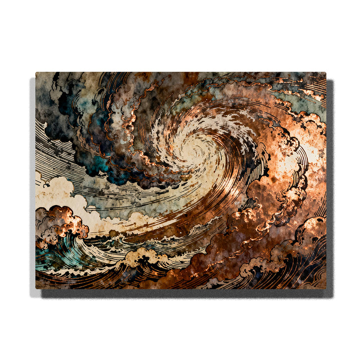 Spiral storm wave over a dark sea, featuring swirling clouds, teal water, copper-brown shadows, cream highlights, and vintage ink-style linework.