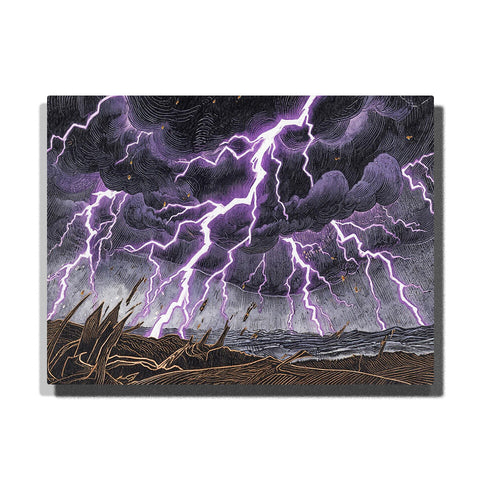 Purple lightning storm over a dark shore, featuring black clouds, violet bolts, gray rain streaks, rough sea texture, and sharp foreground grasses.