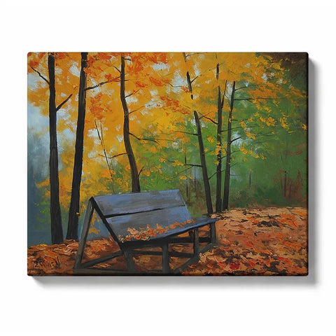 Graham Gercken inspired autumn landscape Paint by Numbers For Adults featuring empty wooden bench beneath golden yellow and orange forest trees with fallen leaves and misty woodland