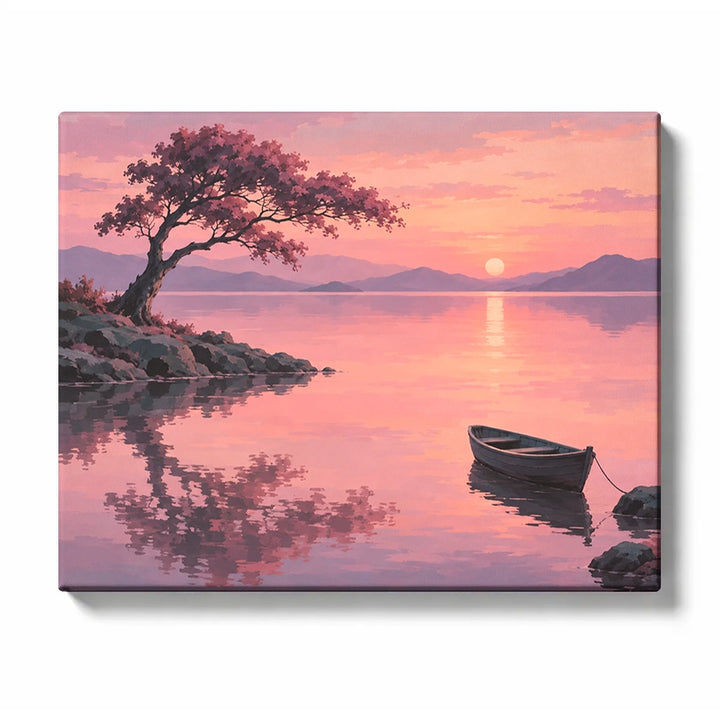 Lone Boat beside a Sunset Tree on a Mirror-Pink Lake paint by numbers design