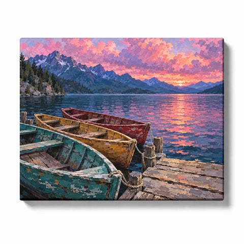 Wooden Rowboats beside a Mountain Dock at Pink Cloud Sunset Paint by Numbers Kit for Adults