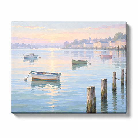 Shallow Sea Boats and Cotton Candy Clouds paint by numbers design