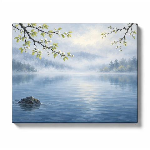 Misty Blue Lake beneath Overhanging Spring Branches Paint by Numbers Kit for Adults