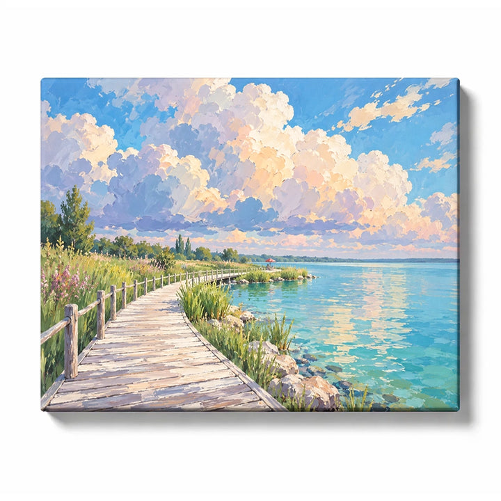 Pastel Lakeside Boardwalk beneath Towering Summer Clouds Paint by Numbers Kit for Adults