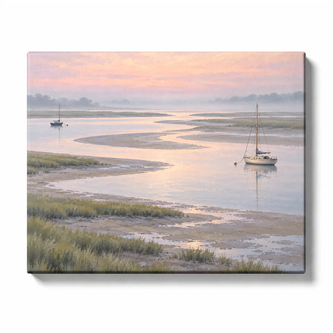 Quiet Blush Estuary with Two Anchored Sailboats paint by numbers design