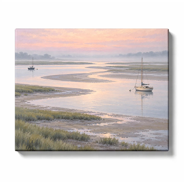 Quiet Blush Estuary with Two Anchored Sailboats paint by numbers design