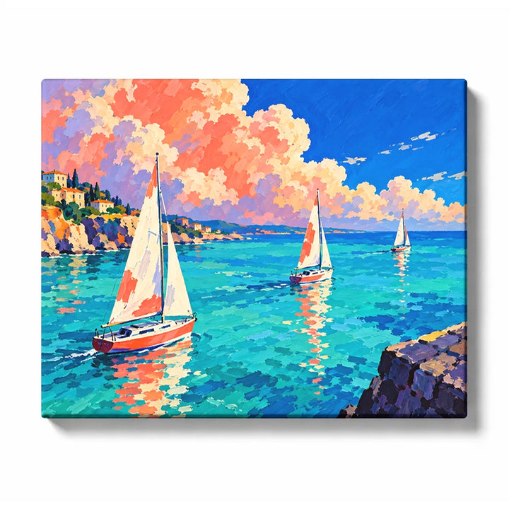 Turquoise Harbor beneath Coral Clouds paint by numbers design