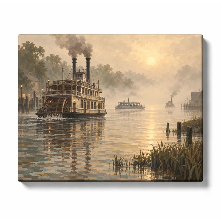 Sepia Riverboats in Morning Mist paint by numbers design
