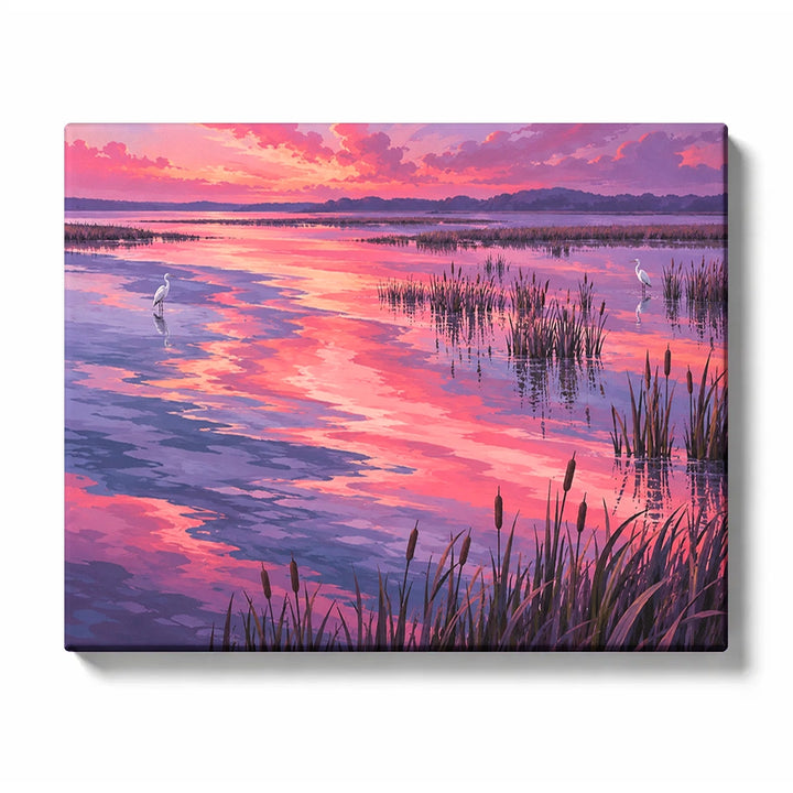 White Egret in Moonlit Lotus Pond paint by numbers design