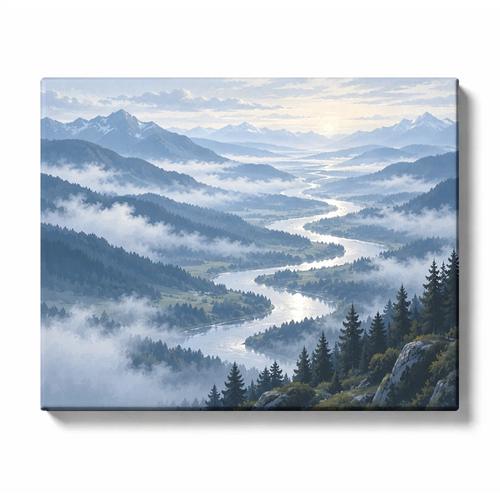 Silver River Through Mist Blue Valleys Paint by Numbers Kit for Adults