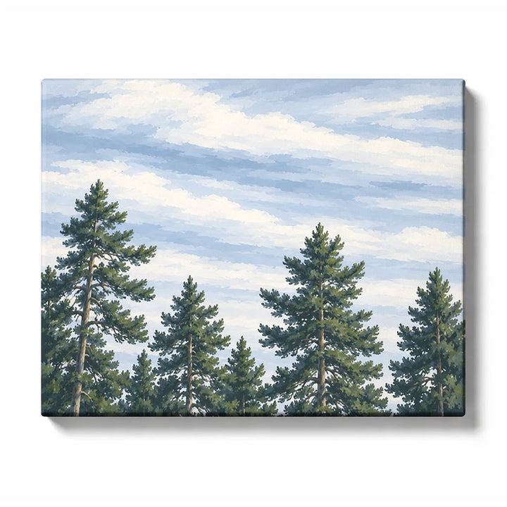 Tall Pine Crowns against a Cloud-Washed Sky Paint by Numbers Kit for Adults