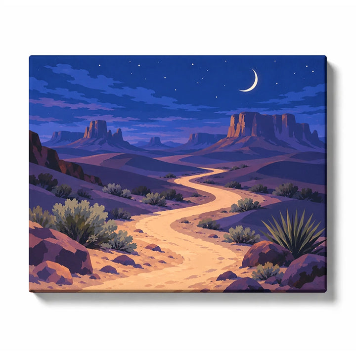 Winding Desert Path beneath a Crescent Moon Sky paint by numbers design