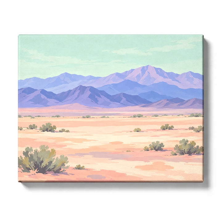 Pastel Desert Plain beneath Blue-Lilac Mountain Ridges paint by numbers design
