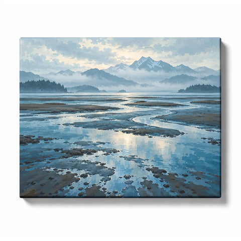Blue Tidal Flats beneath a Misted Mountain Horizon Paint by Numbers Kit for Adults