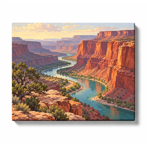Sunlit Red Cliffs above a Winding Canyon River paint by numbers design