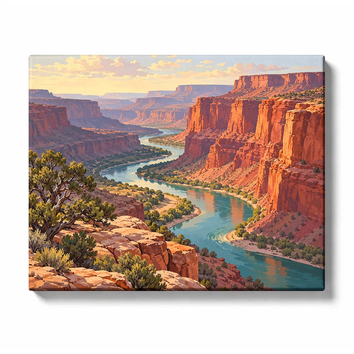 Sunlit Red Cliffs above a Winding Canyon River paint by numbers design