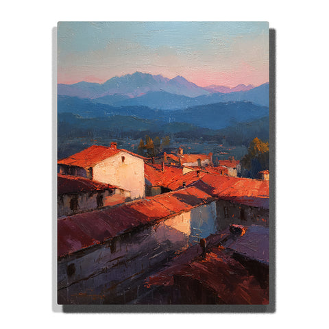 Terracotta rooftops and pale village houses with a soft blue mountain horizon and blush sky, city paint by numbers wall art by PaintEasy