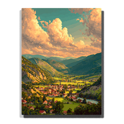 Valley town with red roofs, green fields, mountain slopes, and towering golden clouds under a turquoise sky, city paint by numbers wall art by PaintEasy