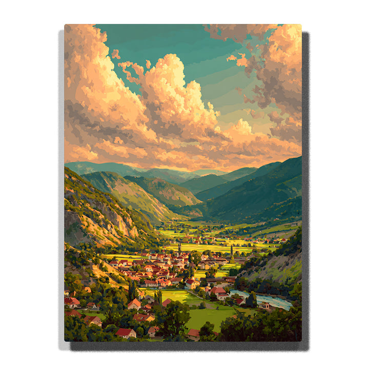 Valley town with red roofs, green fields, mountain slopes, and towering golden clouds under a turquoise sky, city paint by numbers wall art by PaintEasy