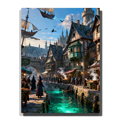 paint by numbers artwork depicting fantasy medieval harbor town with turquoise canal, timber houses, flying ships and castle skyline, imaginative wall decor for adults by PaintEasy