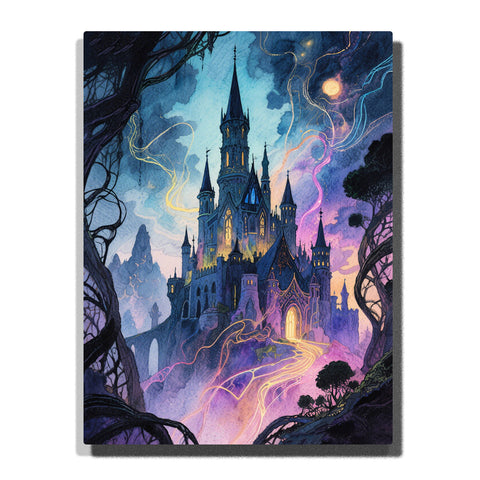 Moonlit fantasy castle city with tall spires, glowing purple road, warm windows, dark forest branches, misty mountains, and magical light trails, PaintEasy Paint by Numbers kit.