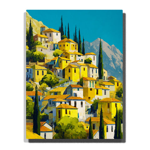 Sunlit yellow hillside town with terracotta roofs, dark cypress trees, and blue mountains, city paint by numbers wall art by PaintEasy