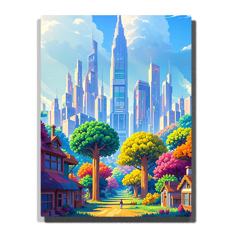 paint by numbers artwork depicting futuristic city skyline with colorful trees and houses, bright landscape decor for adults wall art by PaintEasy