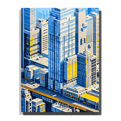 paint by numbers artwork depicting modern blue skyscrapers with elevated train and glowing windows, geometric city skyline wall decor for adults by PaintEasy